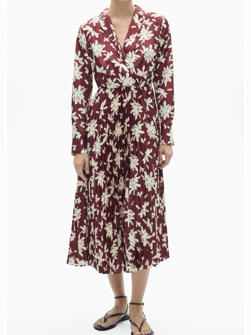 NWT mango MNG Floral Pleated Wrap Midi Dress in Burgundy and Cream fall size S